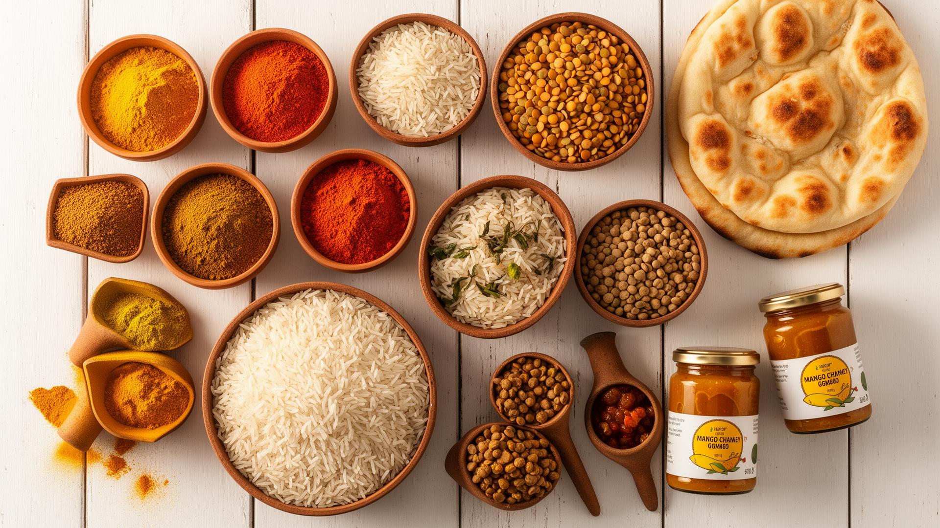 Indische Gewürze, Basmati-Reis, Linsen und Naan